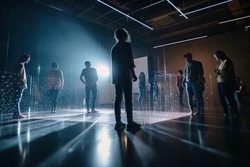 A Group Of People Standing In A Room With A Light Shining On Them Science Museum Video Art Lighting Design Generative AI 