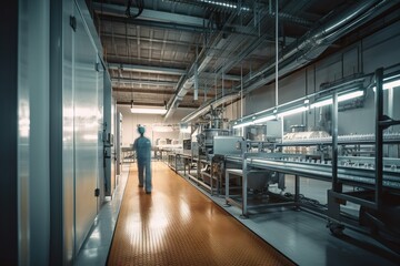 Poster - A Man In A Factory Looking At Machinery In A Warehouse Or Factory Factory Panoramic Photography Manufacturing Planning And Control Generative AI 