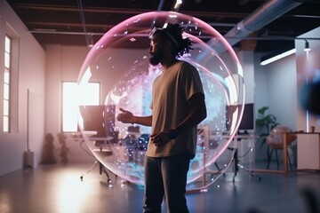 Poster - A Man Standing In Front Of A Large Bubble In A Room Conference Room Video Art Virtual Reality Generative AI 