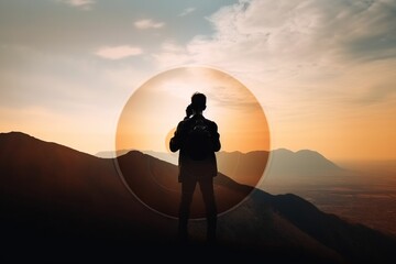 Wall Mural - A Person Standing On A Mountain With A Camera In Their Hand Desert Sand Dunes At Golden Hour Long Exposure Photography Landscape Photography Generative AI 