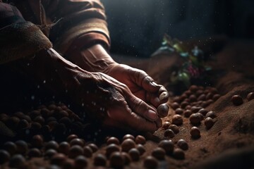 Poster - A Person Is Holding Their Hands Over A Pile Of Nuts And Sand Factory Advertising Photography Traditional Medicine Generative AI 