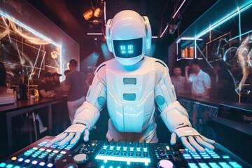 Poster - A Robot Is Sitting At A Dj's Desk With A Controller Nightclub Concert Photography Consumer Electronics Generative AI 
