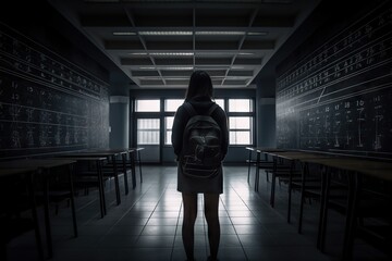 Poster - A Person Standing In A Room With Many Tables And Chairs In It Classroom Advertising Photography Adolescence Generative AI 