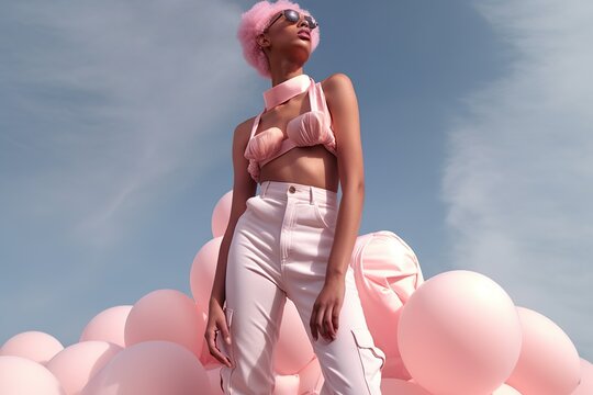 A Woman With Pink Hair And A Pink Top Standing In Front Of Balloons Arcade Fashion Photography  Generative AI Fashion Photography