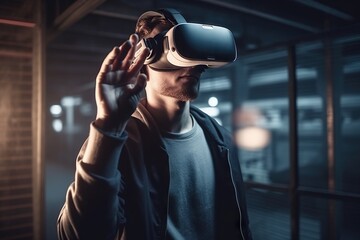 Wall Mural - A Man Wearing A Virtual Reality Headset In A Dark Room Workshop Stereoscopic Photography Virtual Reality Generative AI 