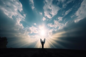 Wall Mural - A Person Standing In A Field With The Sun Shining Through The Clouds Cemetery Time-lapse  Generative AI Photography Angel Investing