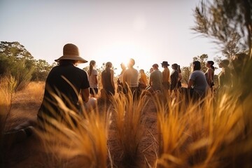 Wall Mural - A Group Of People Standing In A Field Of Wheat At Sunset Desert Sand Dunes At Golden Hour  Generative AI Panoramic Photography Group Travel