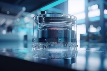 Poster - A Glass Container With A Camera Inside Of It On A Table Science Museum Time-lapse Photography  Generative AI Scientific Photography