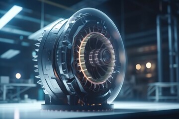 Poster - A Close Up Of A Large Metal Object In A Room With Lights Car Repair Shop Kinetic Art Automotive Design Generative AI 