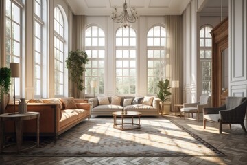 Contemporary Hampton style living room. Bright residence with enormous traditional windows. Illustration. Generative AI