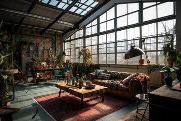 Poster - February 2, 2020, Eindhoven, Netherlands. Large windowed industrial city loft on Strijp S. A bright, eclectic, bohemian house. Generative AI