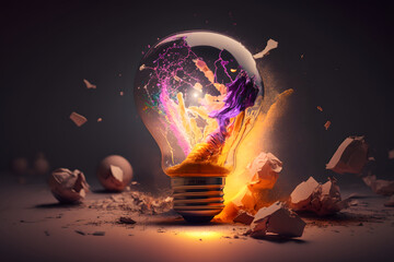 An explosion of colorful paint inside a light bulb that stands upright on a smooth surface. Created with Generative AI