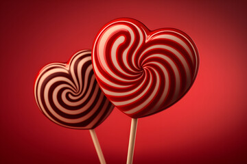 A pair of heart shaped lollipops on a dark red background. Generative AI