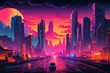 canvas print picture - Beautiful Cyberpunk Cityscape with a sunset, Glitchy Animation style | Cyberpunk Wallpaper/Background |