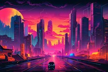 Beautiful Cyberpunk Cityscape With A Sunset, Glitchy Animation Style | Cyberpunk Wallpaper/Background |