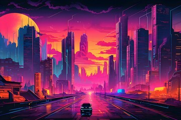 beautiful cyberpunk cityscape with a sunset, glitchy animation style | cyberpunk wallpaper/backgroun