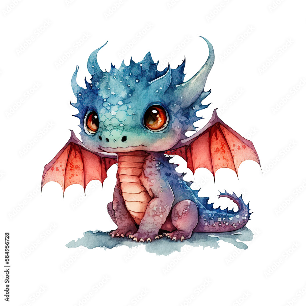 Ilustración de Stock Cute blue baby fantasy kawaii dragon with wings ...