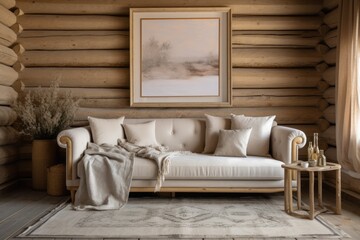 Sticker - Front picture of white and beige log cabin living room. Frame mockup, fabric sofa with cushions. Farmhouse decor,. Generative AI