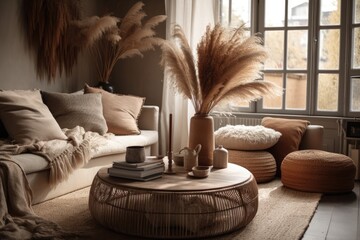 Sticker - bohemian living room design with neutral hues. wicker furniture, dry pampas grass. Generative AI