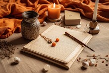 Empty Diary, Notepad Mockup, And Book On Wooden Table. Cape Gooseberry, Dry Physalis. Beige Jute Carpet Backdrop Blurred. Top Down Flatlay. Scandinavian Boho. Generative AI