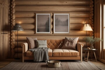 Sticker - Front image of dark and beige log cabin living room. Frame mockup, fabric sofa with cushions. Farmhouse decor,. Generative AI