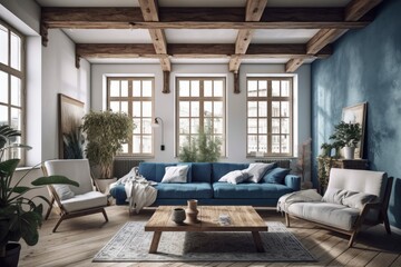 Wall Mural - White and blue japandi living room. Fabric couch, beams ceiling, window, and decors. Farmhouse decor,. Generative AI