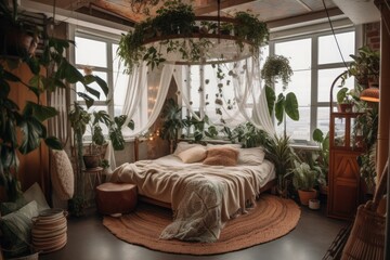 Canvas Print - View from above of pleasant light boho bedroom with circular canopy bed on second home level, adorned with diverse green tropical plants in flower pots on floor and ceiling, no people. Generative AI