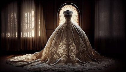 Poster - Newlywed bride in elegant wedding dress indoors generated by AI