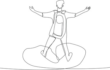 Continuous one-line drawing boy enjoying the view on top of the cliff. Experiential in traveler concept. Single line drawing design graphic vector illustration