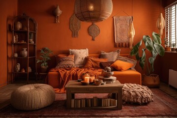 Poster - Vertical shot of warm boho room with orange wall, plant decoration, pillows, and cushions on couch and sofa. Generative AI