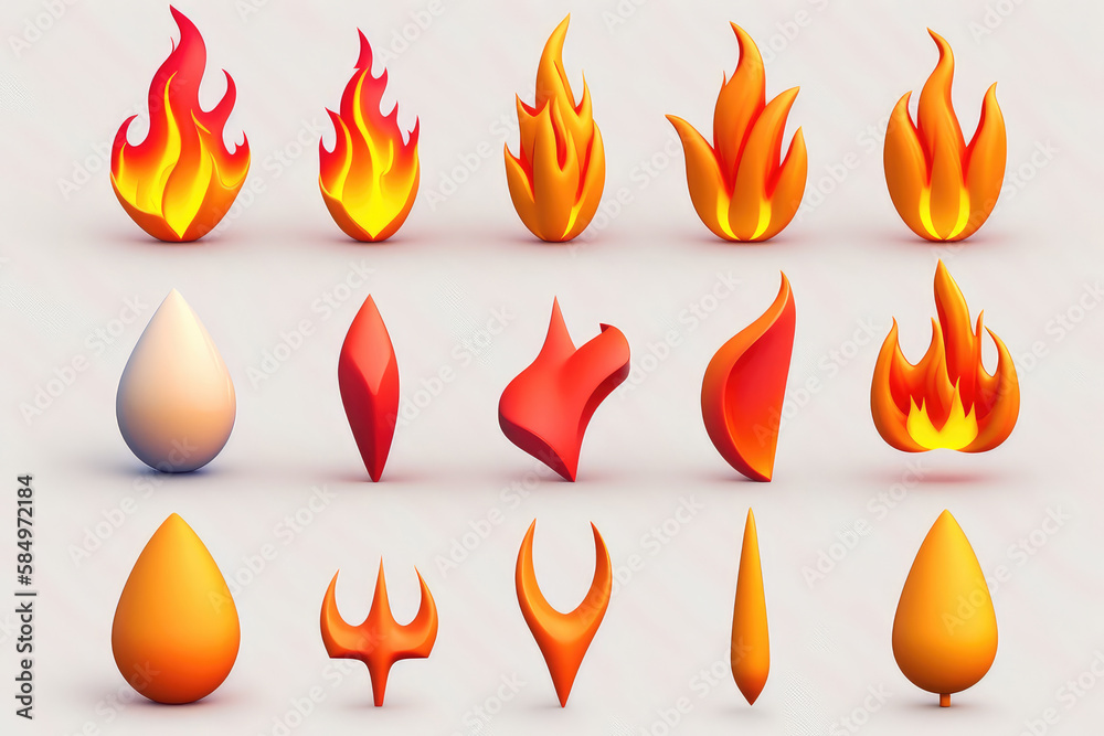 3d fire flame icons set with burning red hot sparks isolated on white ...