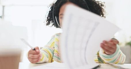 Poster - Education, elearning and young girl with headphones, test and writing with school document and distance learning. Early childhood development, growth and kindergarten, study and child with homework
