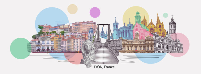 Wall Mural - Lion, France - Collage or art design from river Sona to the bridge and Lyon city, France