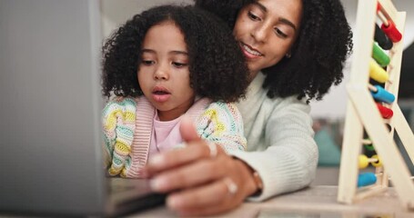 Poster - Laptop, education and mother with kid in home for online learning, educational games and abacus toy. Family, homeschool and happy mom and girl on computer for bonding, relax and child development