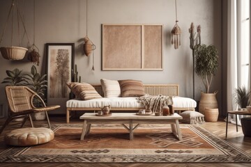 Boho style interior. Brown living room. Beige mockup. Generative AI