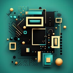 Poster - 3D abstract black, gold and teal colored geometric shapes. Memphis inspired. generative ai