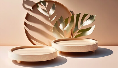 Two minimal modern wooden round tray podium on white glossy table counter in sunlight, leaf shadow on beige wall background for luxury beauty, organic, health, cosmetic, fashion product display