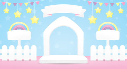 Wall Mural - cute white house shape arch frame backdrop display stage scene with fence and rainbow signboard and hanging stars 3d illustration vector in kawaii style