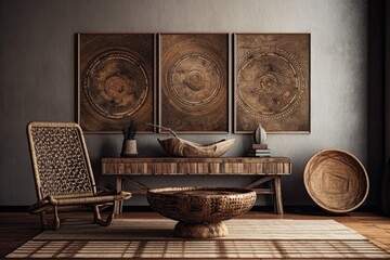 Rustic room with ethnic design and ancient rattan furniture, blank wall mockup,. Generative AI