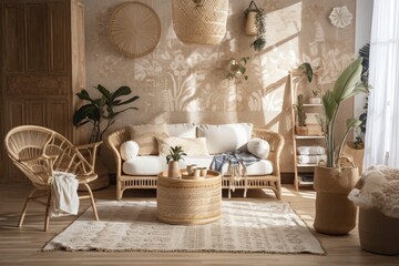 Sticker - White and beige bohemian living room with parquet and wallpaper. Sofa, jute carpet, rattan armchair. Boho interior design, plan, above,. Generative AI