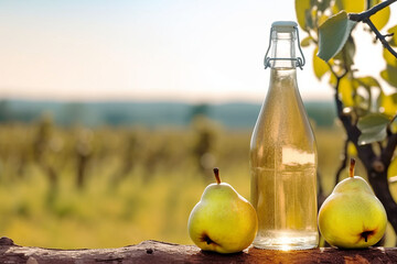 Traditional pear cider in a bottle in a garden in Normandy.     Generative AI.