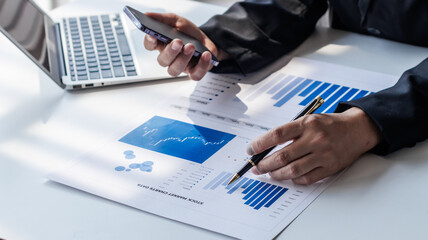 Businessman, financial auditor and secretary doing balance calculation report The Revenue Department checks the documents. Audit concept