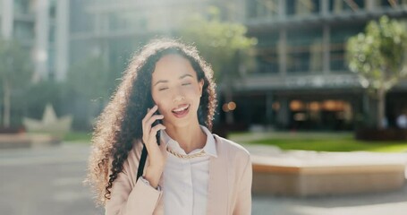 Poster - Business woman outdoor, phone call and networking with communication and talking on commute to work in city. Professional female, corporate lawyer and cellphone conversation with happy employee