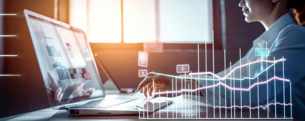 Poster - Company achievement and profit are depicted in a 3D expanding bar chart, a successful businesswoman is using a computer and a tablet in a bright workplace, and the manager is raising sales.