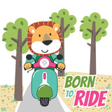 Fototapeta Dinusie - Vector illustration of cute little lion ride motorcycle. Creative vector childish background for fabric, textile, nursery wallpaper, poster, card, brochure. and other decoration.