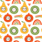 Fototapeta Pokój dzieciecy - Cute seamless pattern with baby faces, kawaii fruits, rainbow in doodle style. Flat hand drawn vector summer background for wrapping paper, childrens merch, baby shower, fabric, textile.