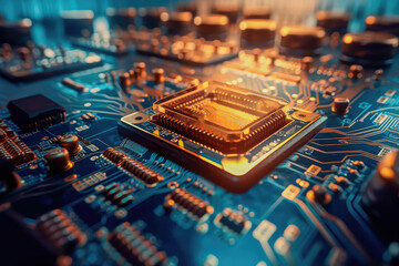 Wall Mural - Close-up of an electrical printed circuit board. Multicore, gold and blue, super powerful. Generative AI