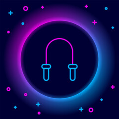 Poster - Glowing neon line Jump rope icon isolated on black background. Skipping rope. Sport equipment. Colorful outline concept. Vector