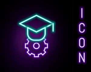Wall Mural - Glowing neon line Graduation cap icon isolated on black background. Graduation hat with tassel icon. Colorful outline concept. Vector