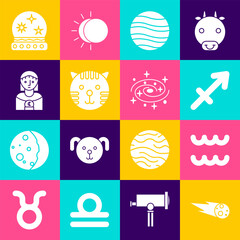 Poster - Set Comet falling down fast, Aquarius zodiac, Sagittarius, Planet Jupiter, Tiger, Astrology woman, Magic ball and Milky way spiral galaxy icon. Vector